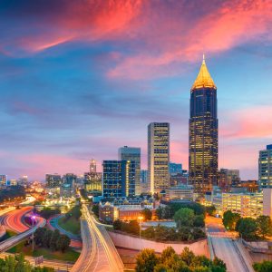 Atlanta, Georgia, USA downtown and midtown skyline at dusk.